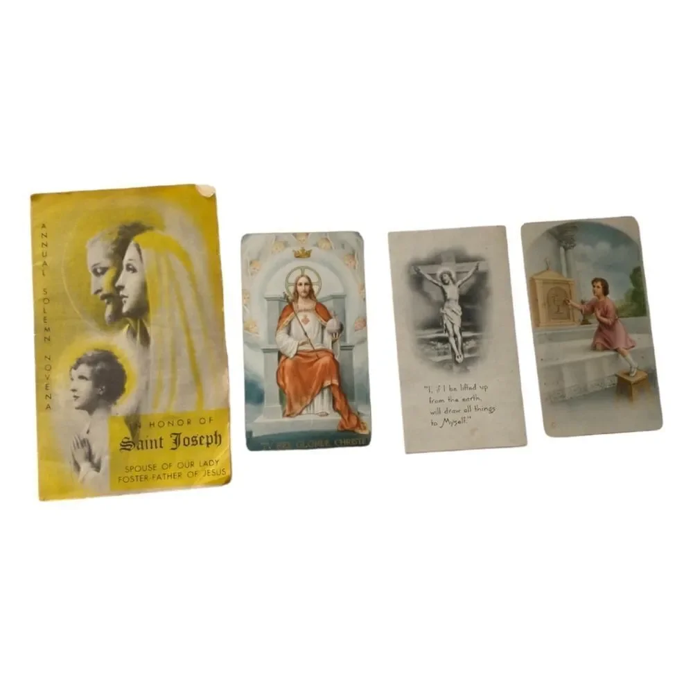 4 Vtg Catholic Prayer Cards Lot St Joseph Sacred Heart Jesus Crucifix Lithograph